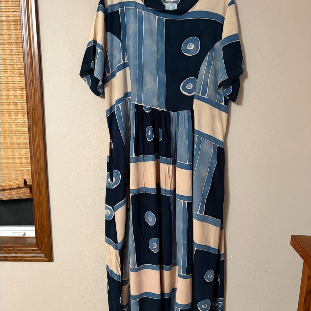 Authentic Bali Batik Geometric Abstract Maxi Dress | Cinch Back | Wood Buttons - Picture 2 of 16